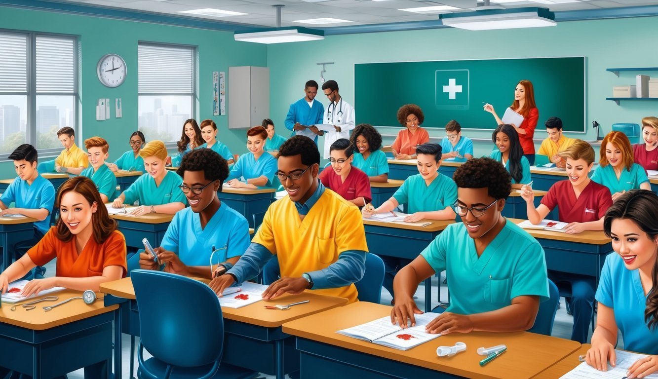 Nursing students in a classroom, with instructors and medical supplies