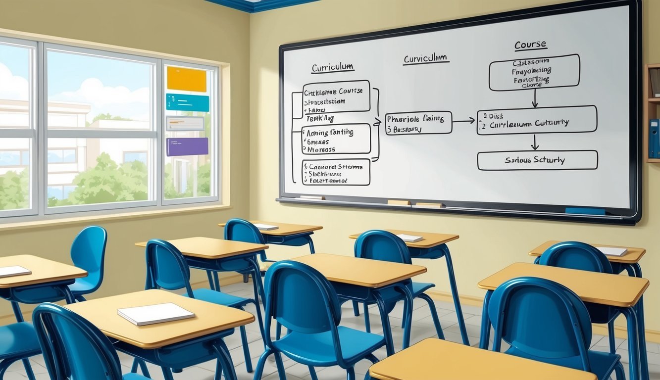 A classroom with desks, chairs, and a whiteboard.</p><p>A curriculum outline and course structure displayed on the board