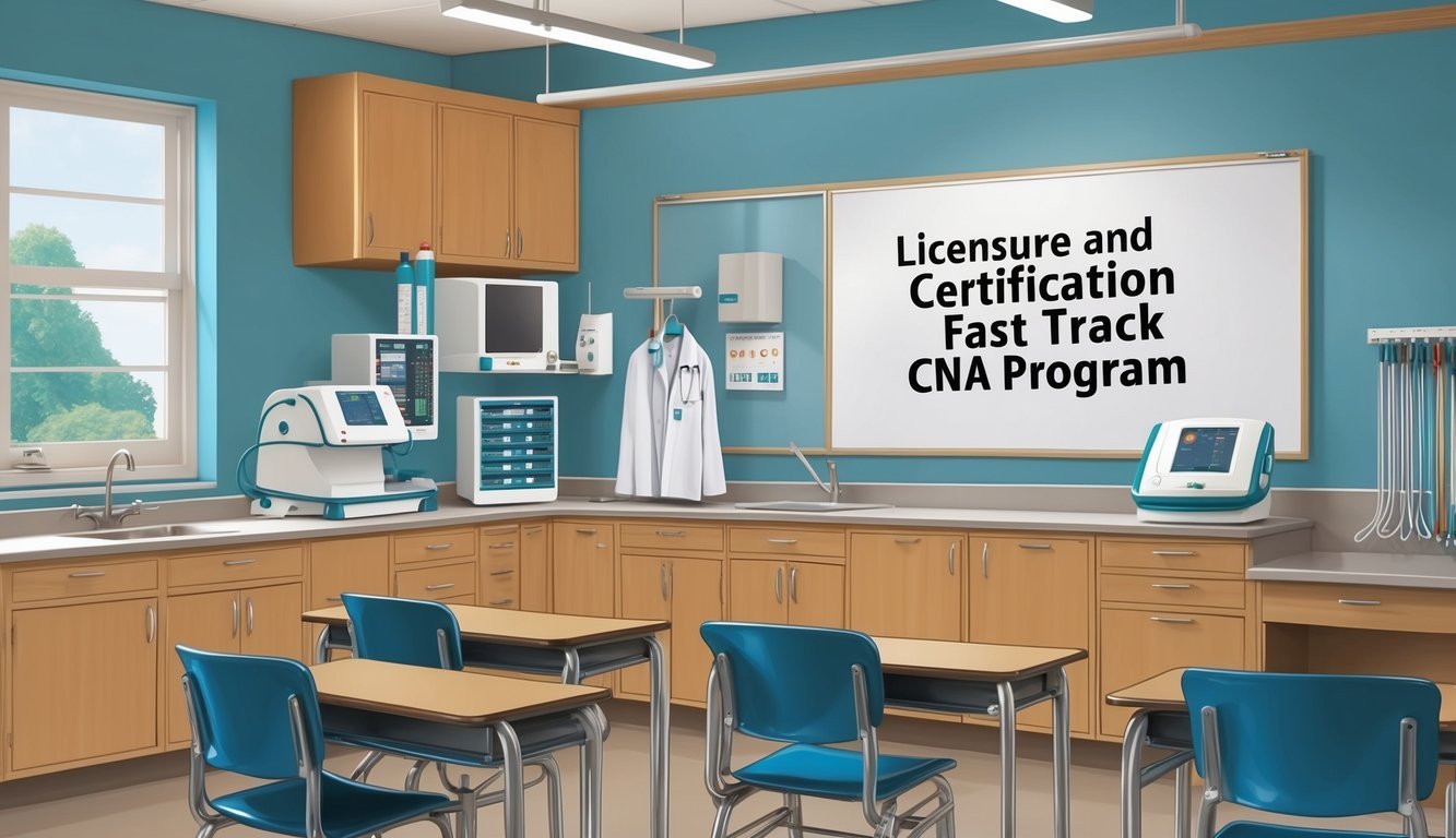 A classroom with medical equipment and a whiteboard showing "Licensure and Certification fast track cna program" on the wall