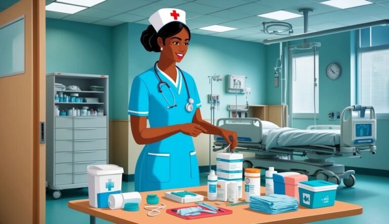 A smiling nurse in a hospital room with medical supplies on a table
