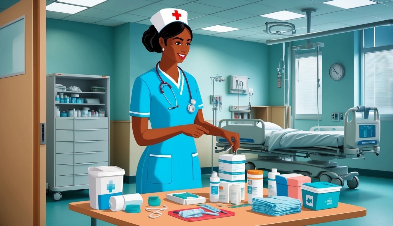 A smiling nurse in a hospital room with medical supplies on a table