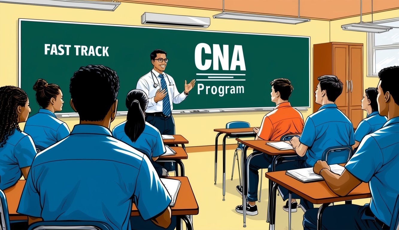 A classroom setting with a teacher instructing a group of students in a fast track CNA program