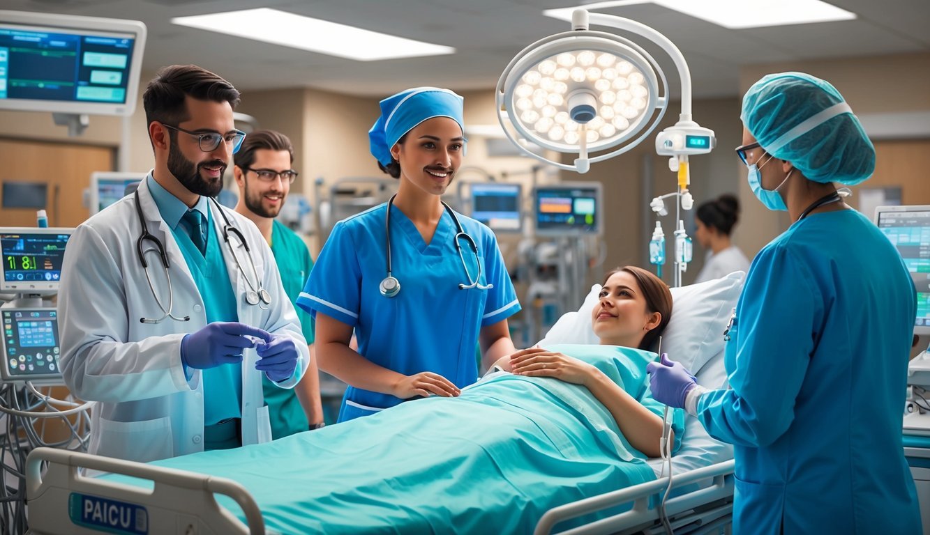 A pacu nurse collaborating with anesthesia providers in a busy hospital setting
