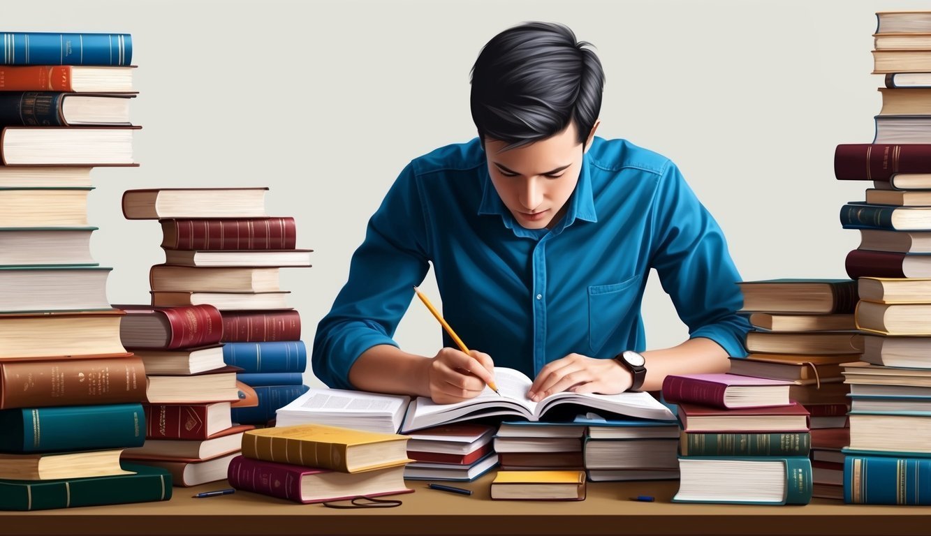 Young man writing in a book surrounded by stacks of books
