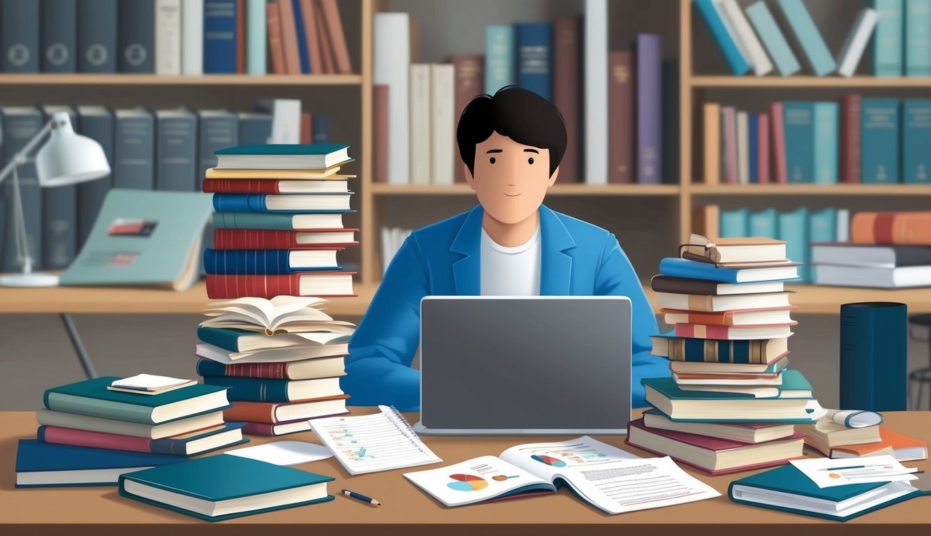 A person studying at a desk with piles of books, notes, and a laptop, surrounded by academic journals and research papers