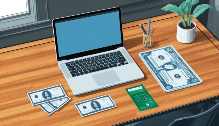 Laptop, money, calculator, and plant on a wooden desk