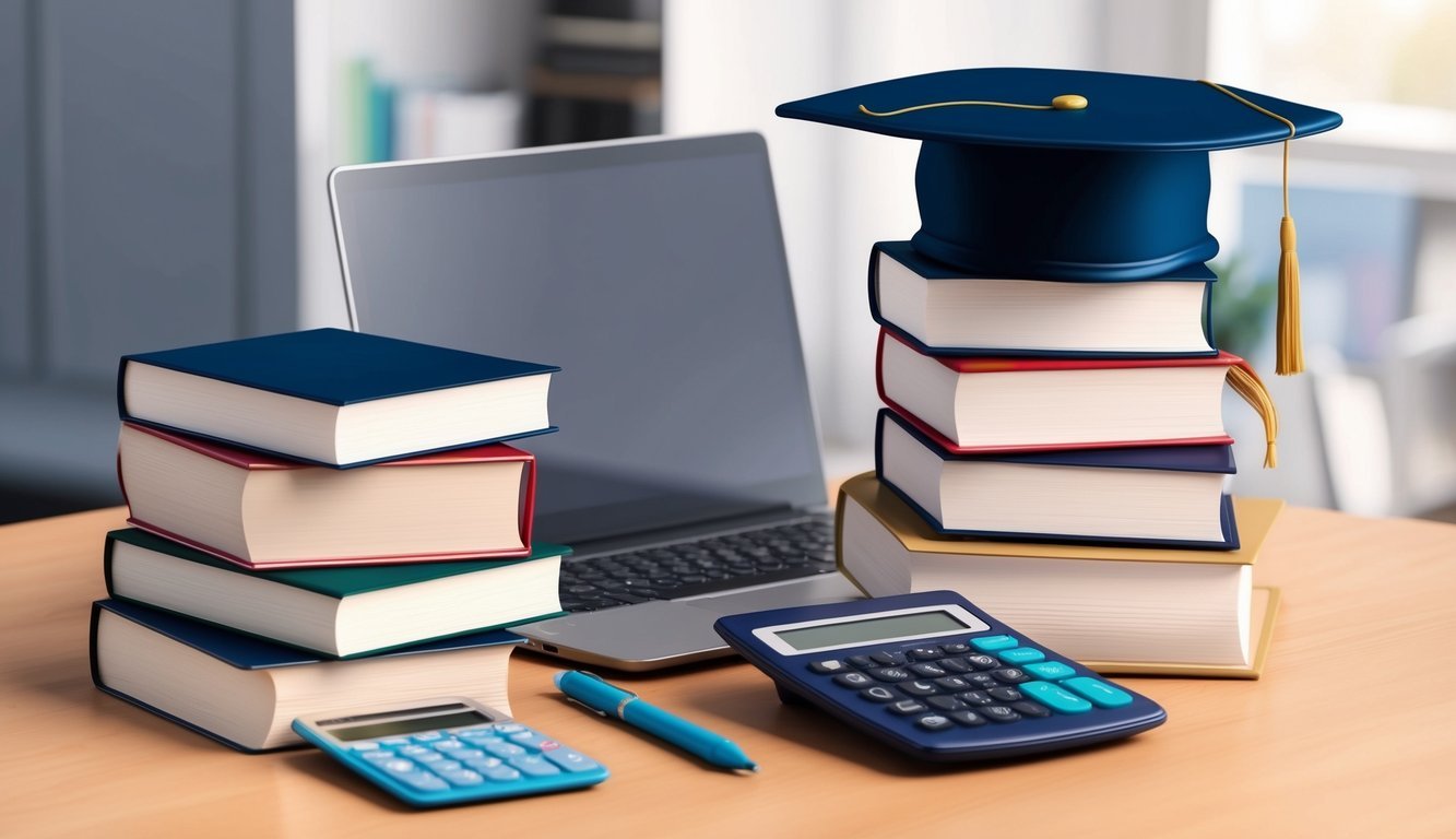 A stack of books and a graduation cap next to a laptop and a calculator