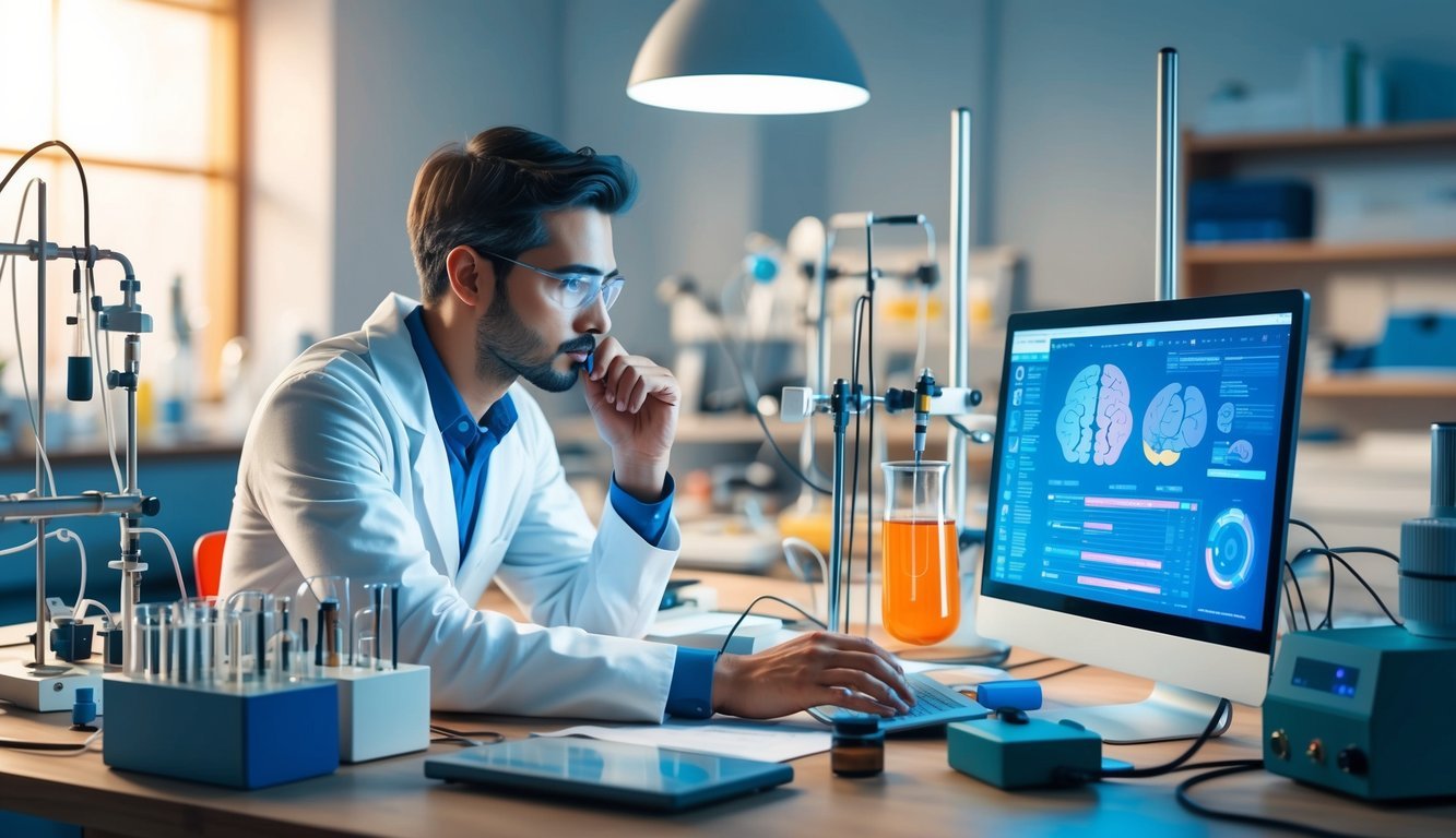 A psychologist conducting research in a laboratory setting, surrounded by various instruments and equipment, deep in thought while analyzing data on a computer screen