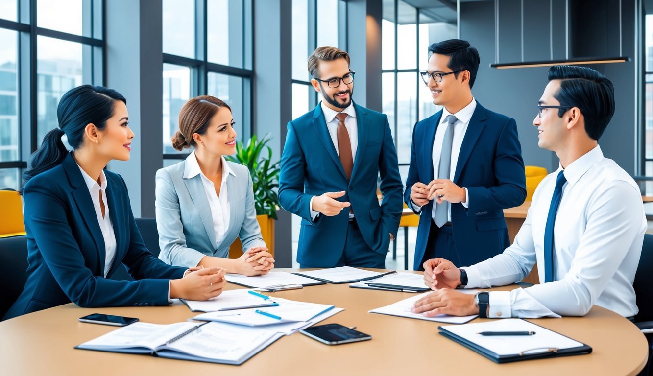 A group of professionals in business attire discussing career pathways and leadership roles in a modern office setting
