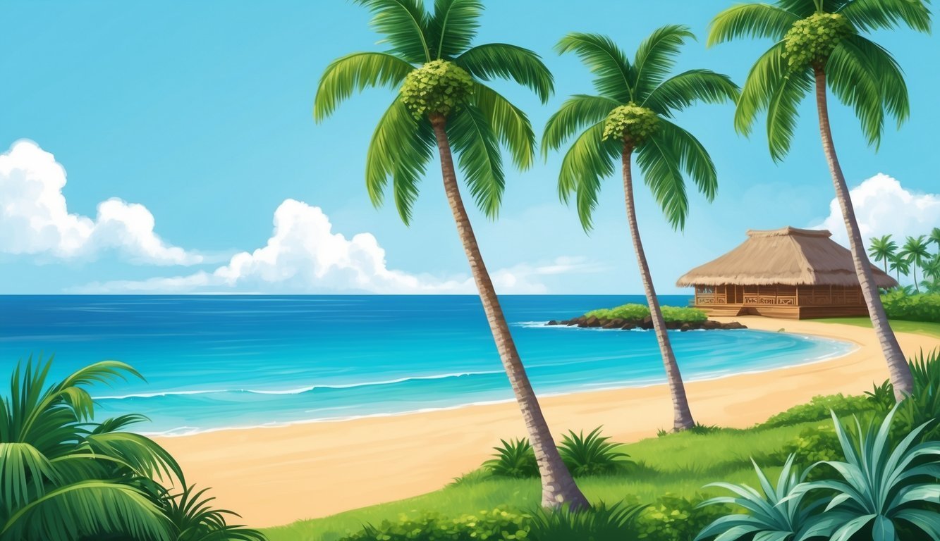 Tropical beach scene with palm trees, ocean, and a hut
