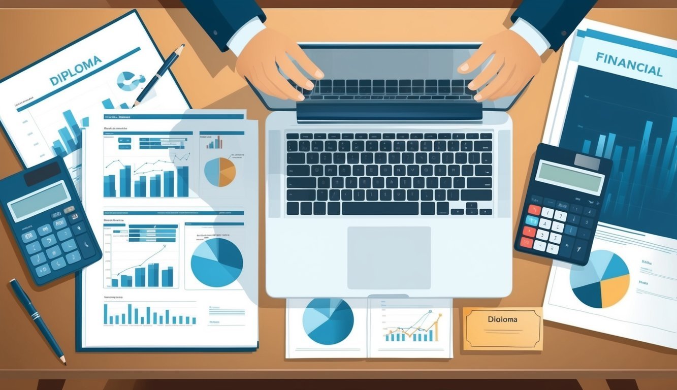 A desk with a laptop and calculator, surrounded by financial reports and graphs.</p><p>A diploma and business magazine sit nearby