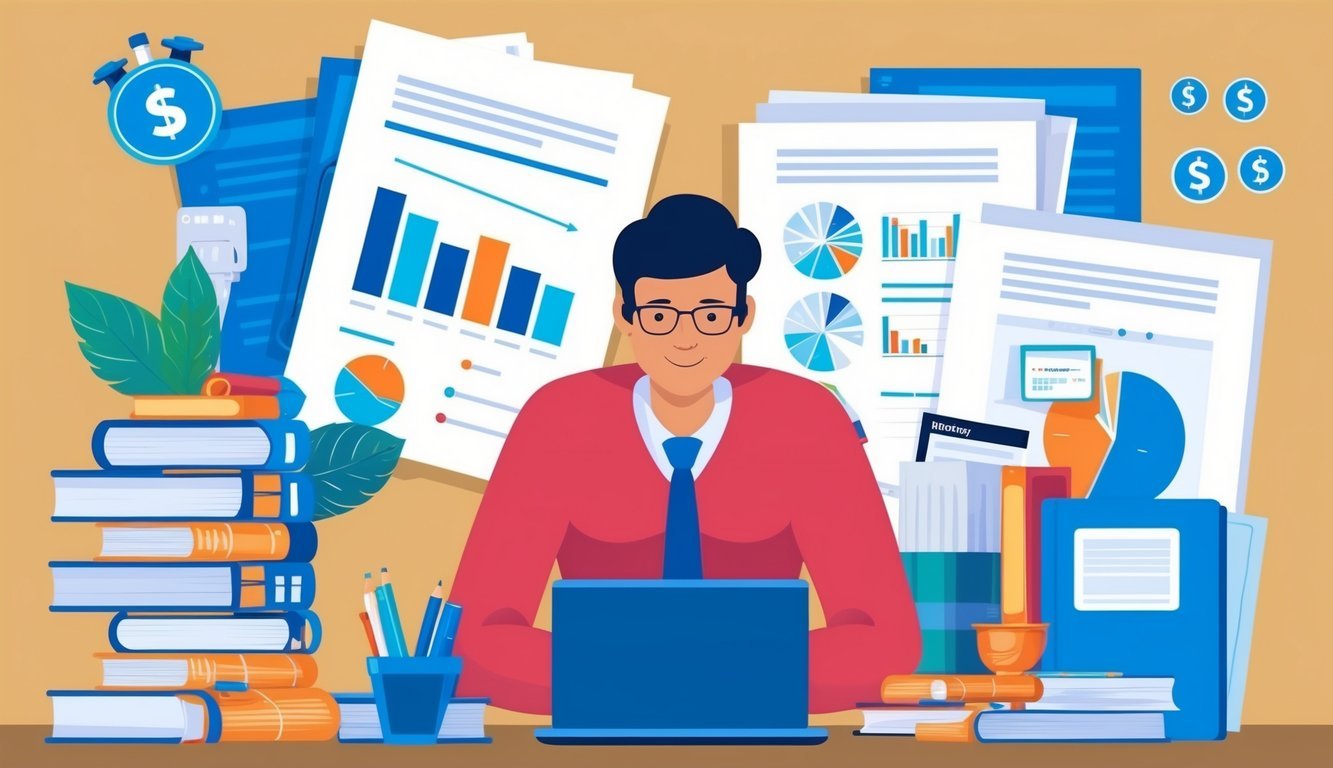 A person studying with books and a laptop, surrounded by financial documents and support resources