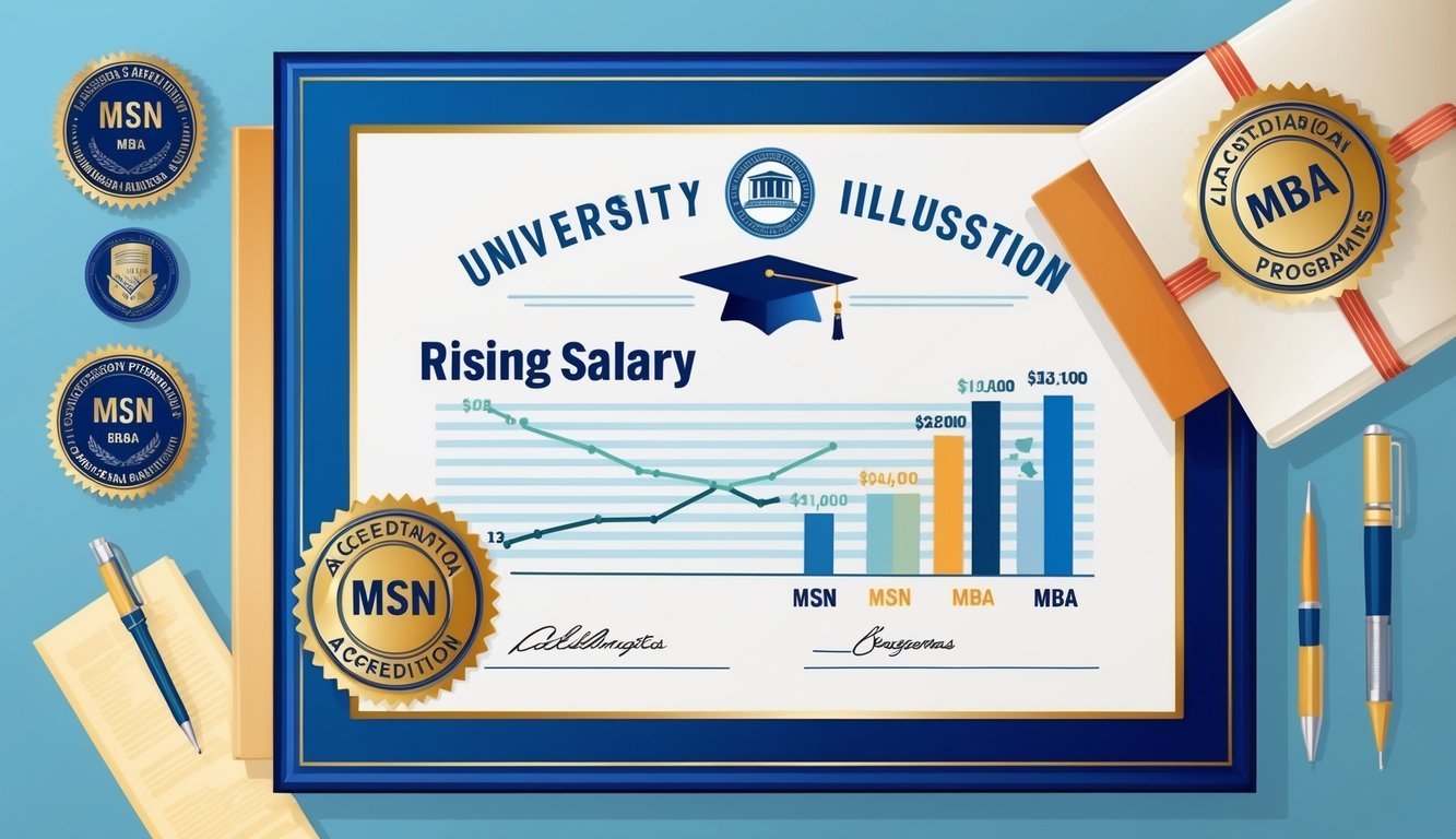 A university diploma with accreditation seals and a chart showing rising salary trends for MSN and MBA programs