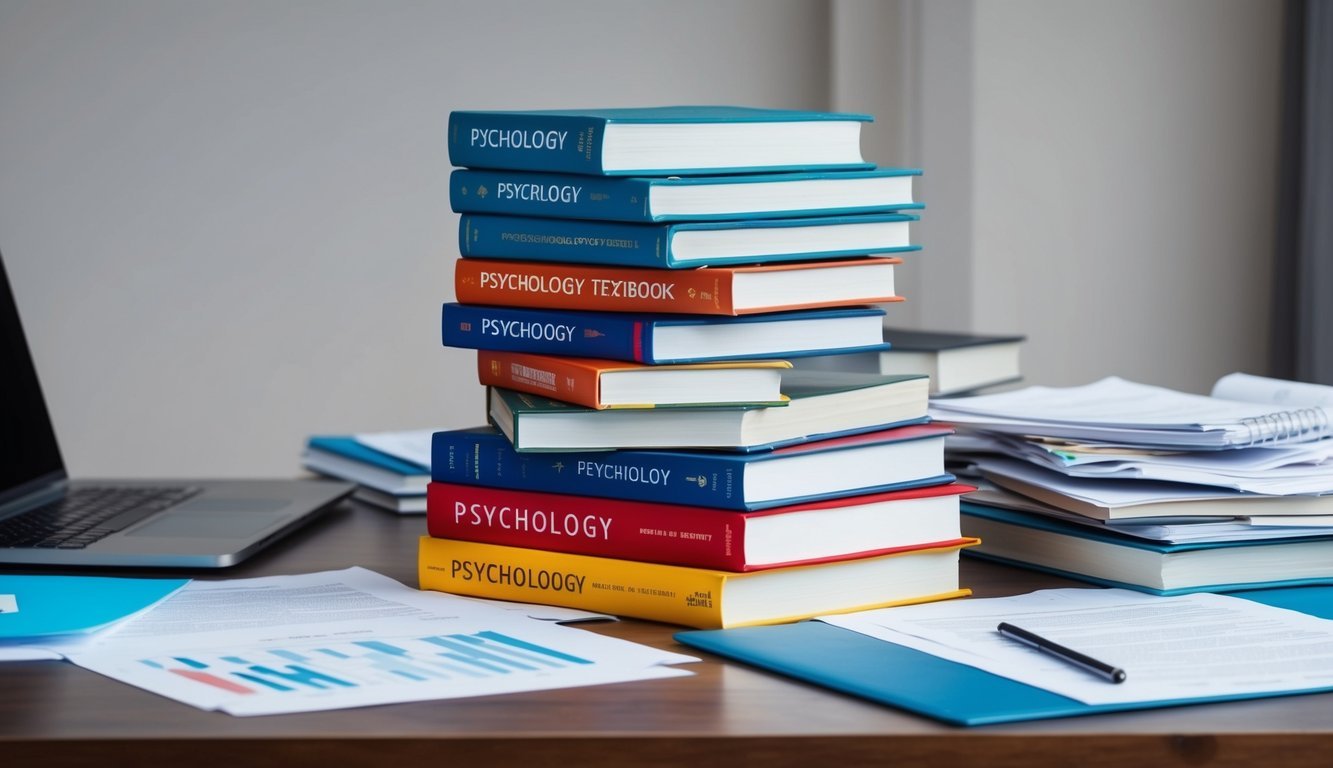 A stack of psychology textbooks surrounded by research papers and a laptop on a cluttered desk