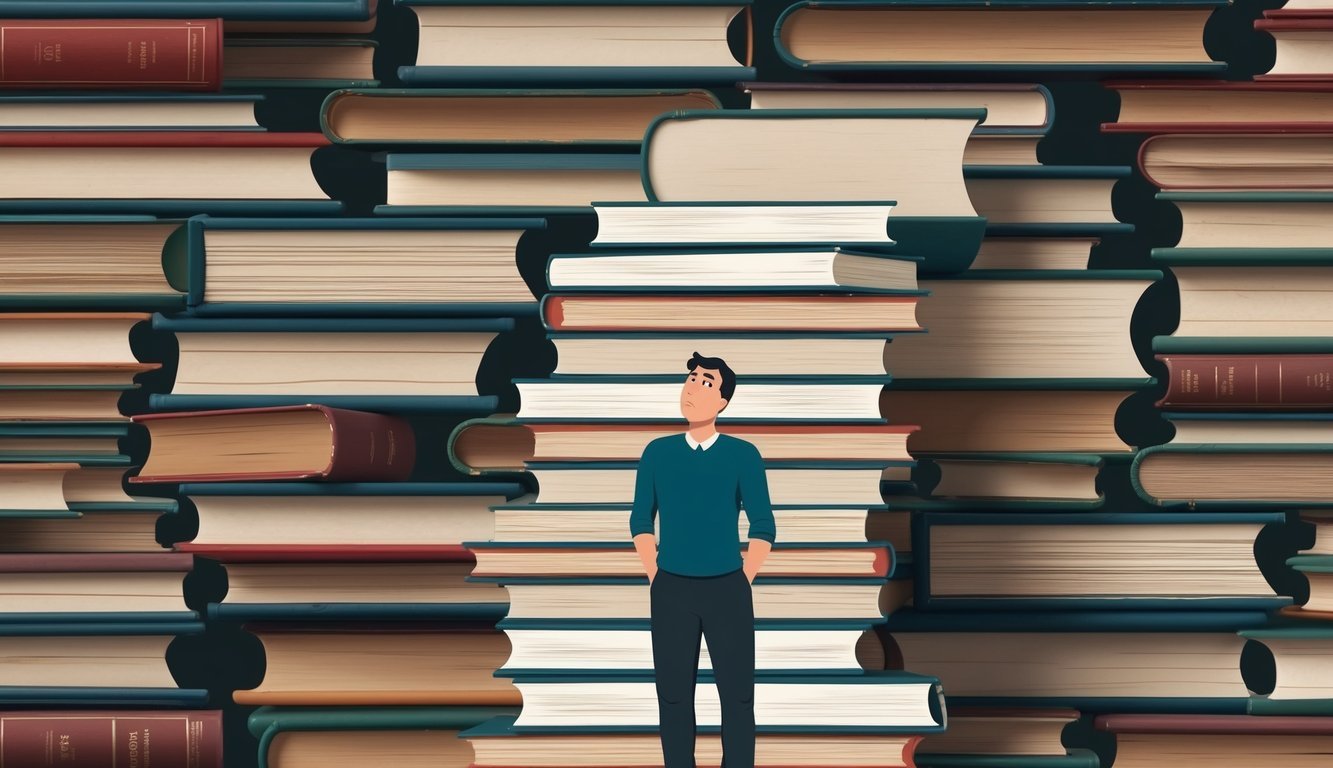 A person standing in front of a towering stack of oversized books, looking up with a concerned expression