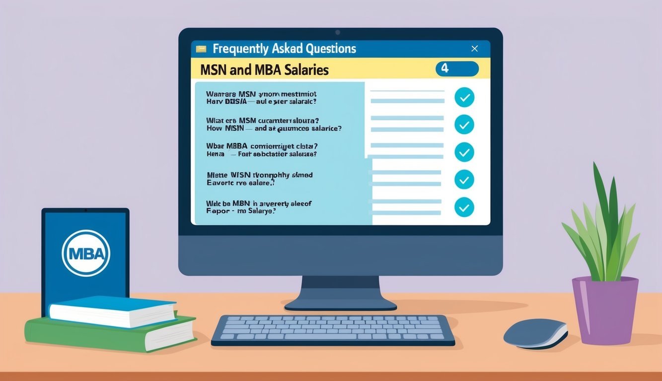A computer screen displaying a list of frequently asked questions about MSN and MBA salaries, with a search bar and a logo in the corner