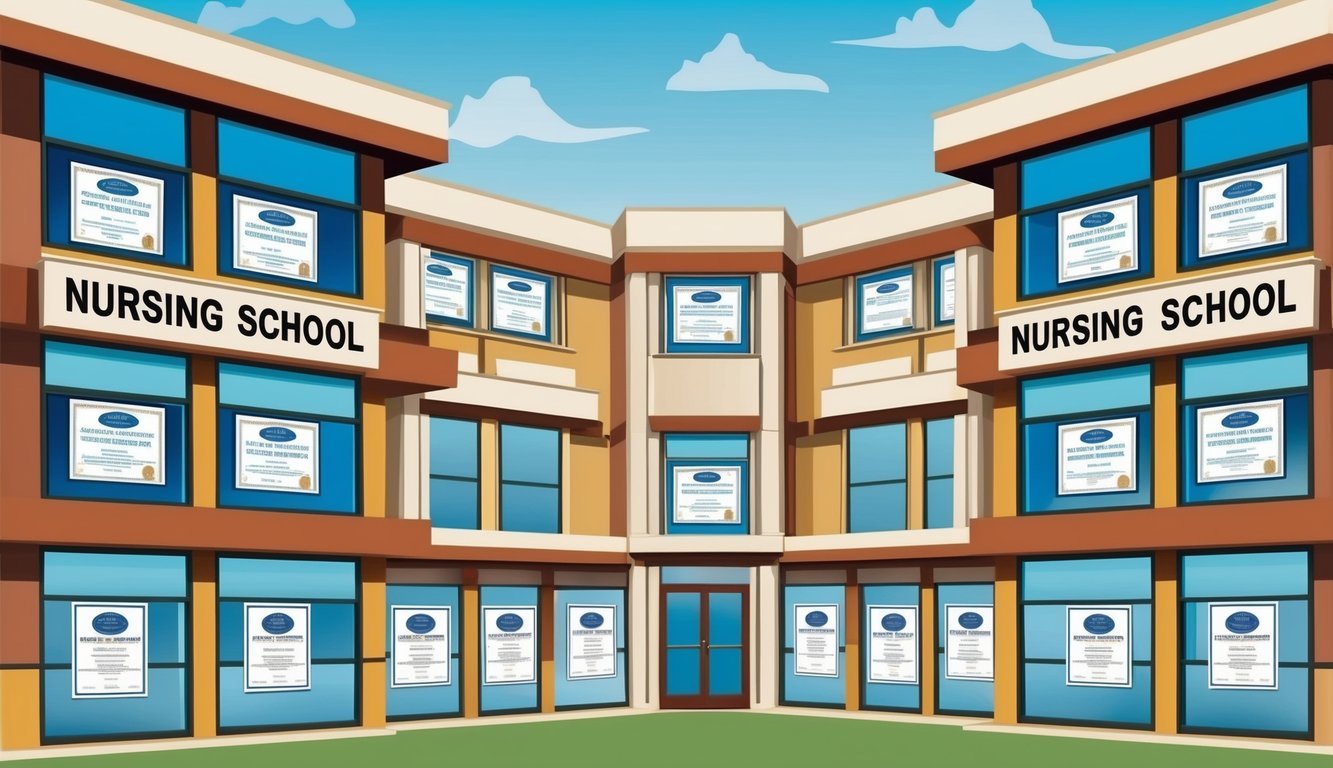 A group of nursing school buildings in Hawaii, with accreditation and licensing certificates displayed prominently in the windows