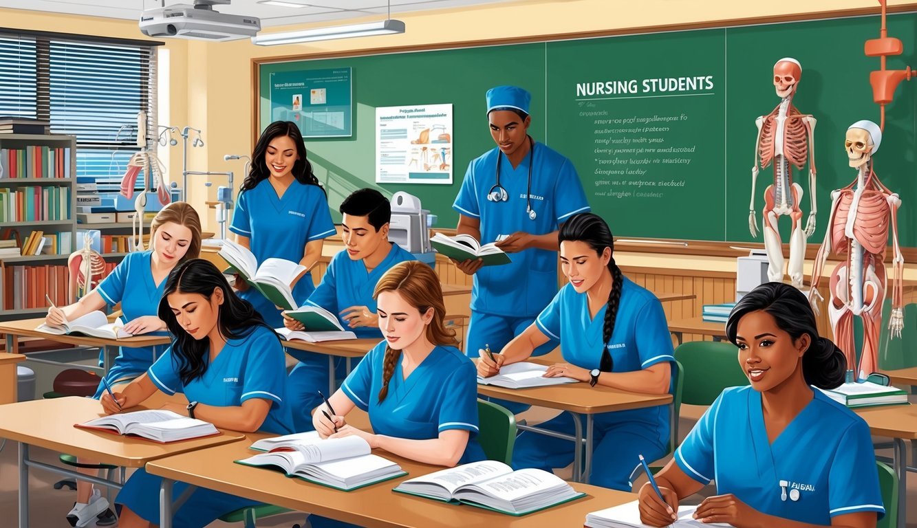 A group of nursing students in Hawaii studying in a classroom filled with textbooks, medical equipment, and anatomical models