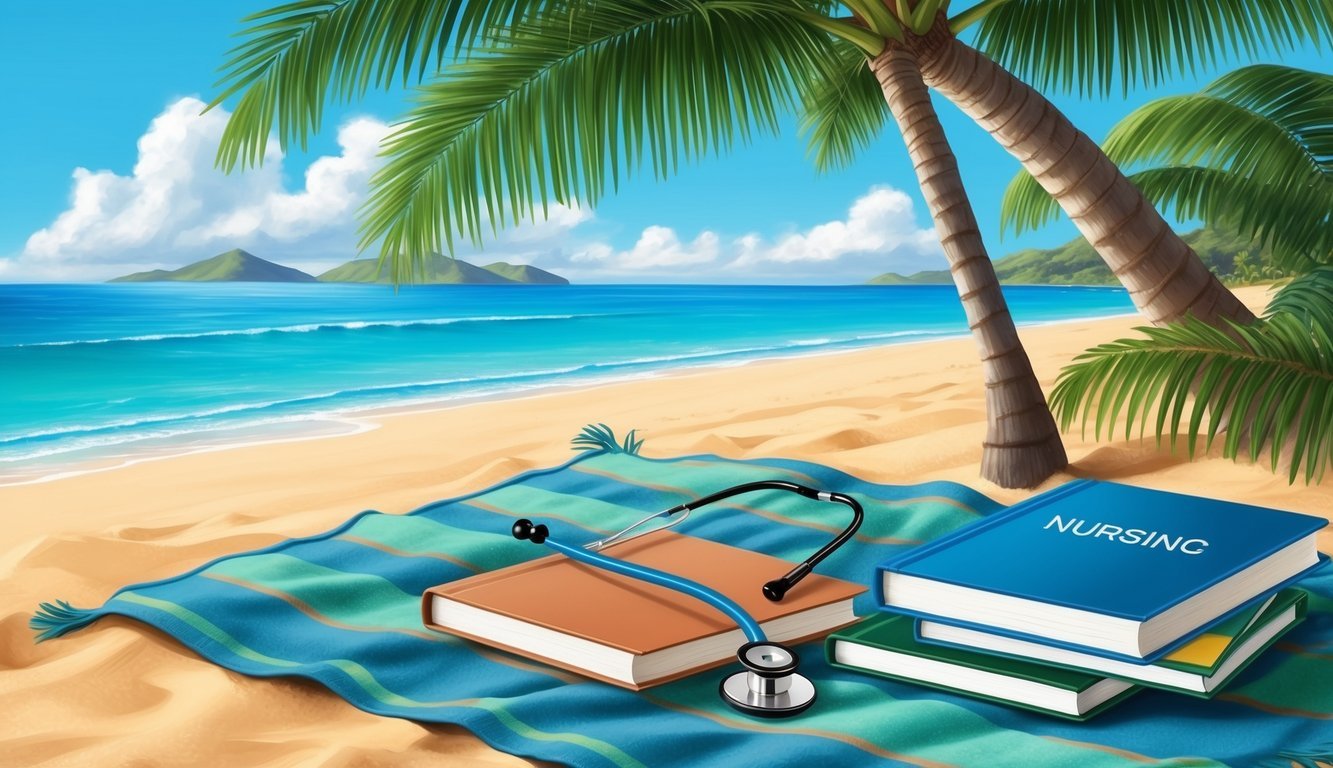 A serene Hawaiian beach with a stethoscope and nursing textbooks laid out on a blanket under a palm tree