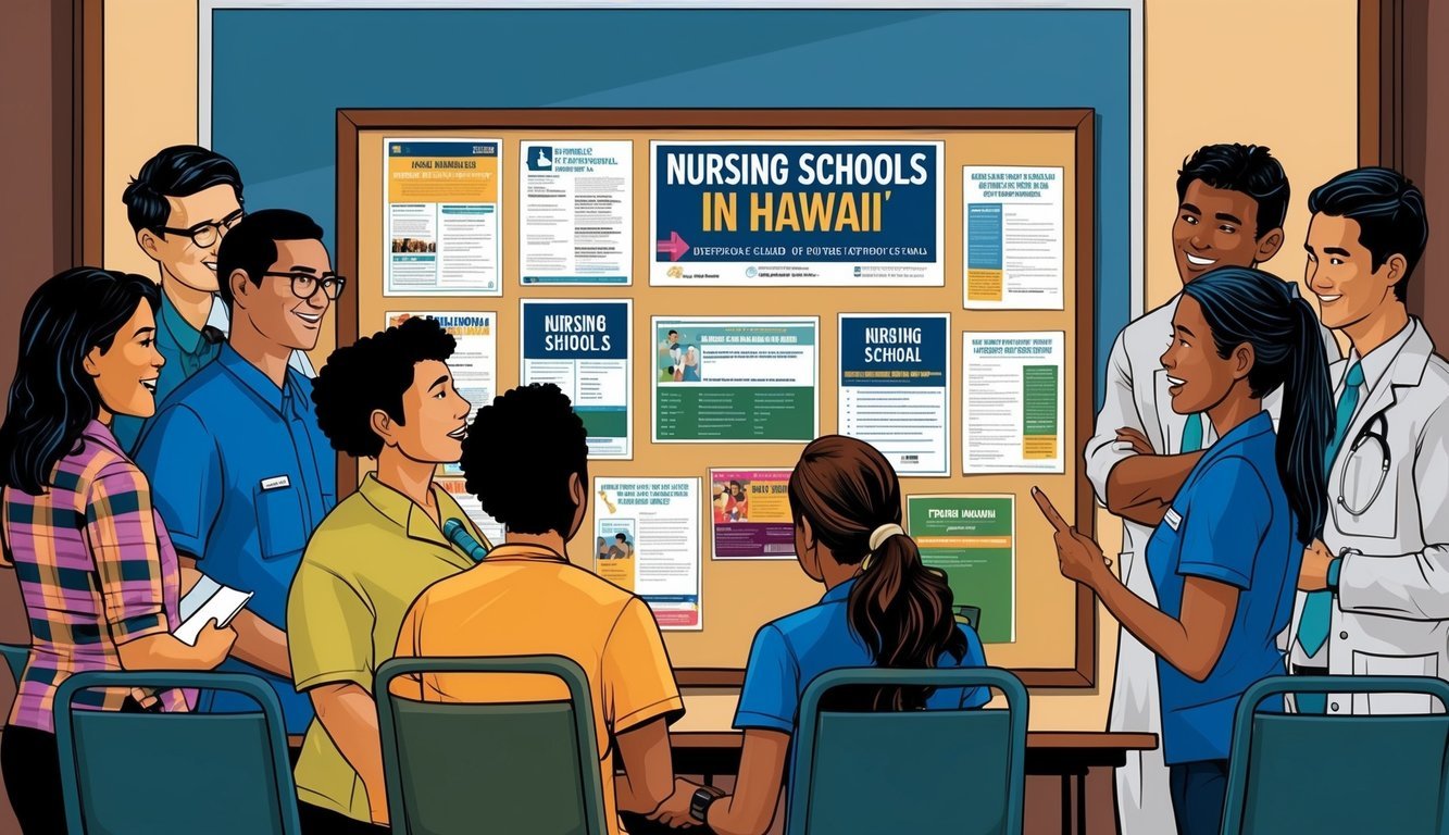 A group of students and instructors gather around a bulletin board filled with flyers and information about nursing schools in Hawaii