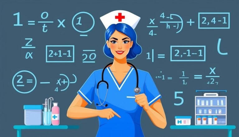 Nurse with equations and medical supplies, pointing at the viewer