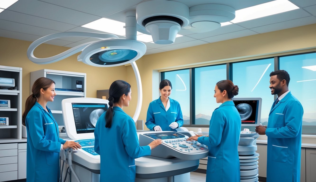 Medical professionals examining ultrasound images in a modern, well-lit examination room