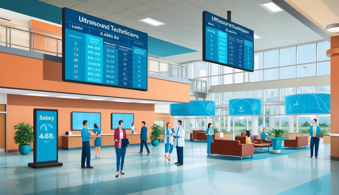 A bustling hospital lobby with a large digital display showcasing salary data for ultrasound technicians by state