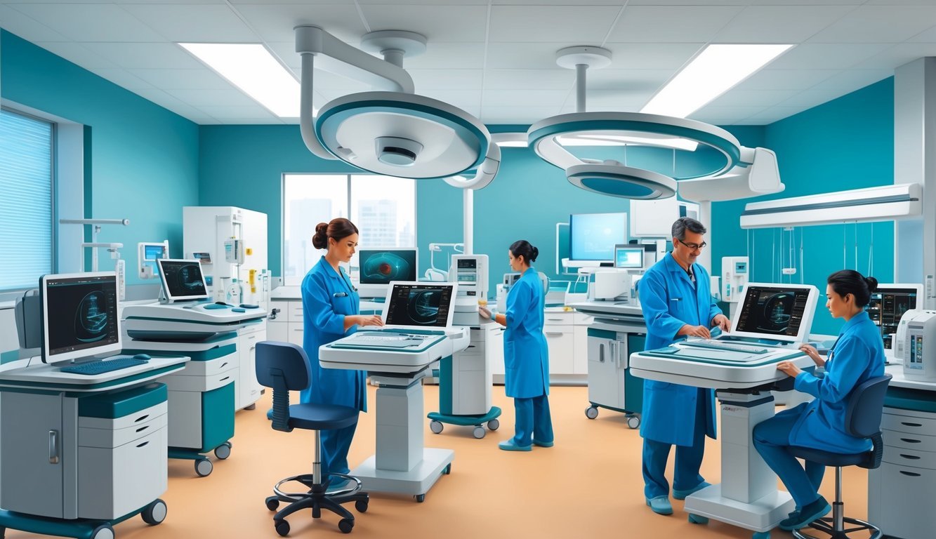 A bustling ultrasound lab in a modern hospital, with state-of-the-art equipment and technicians working diligently