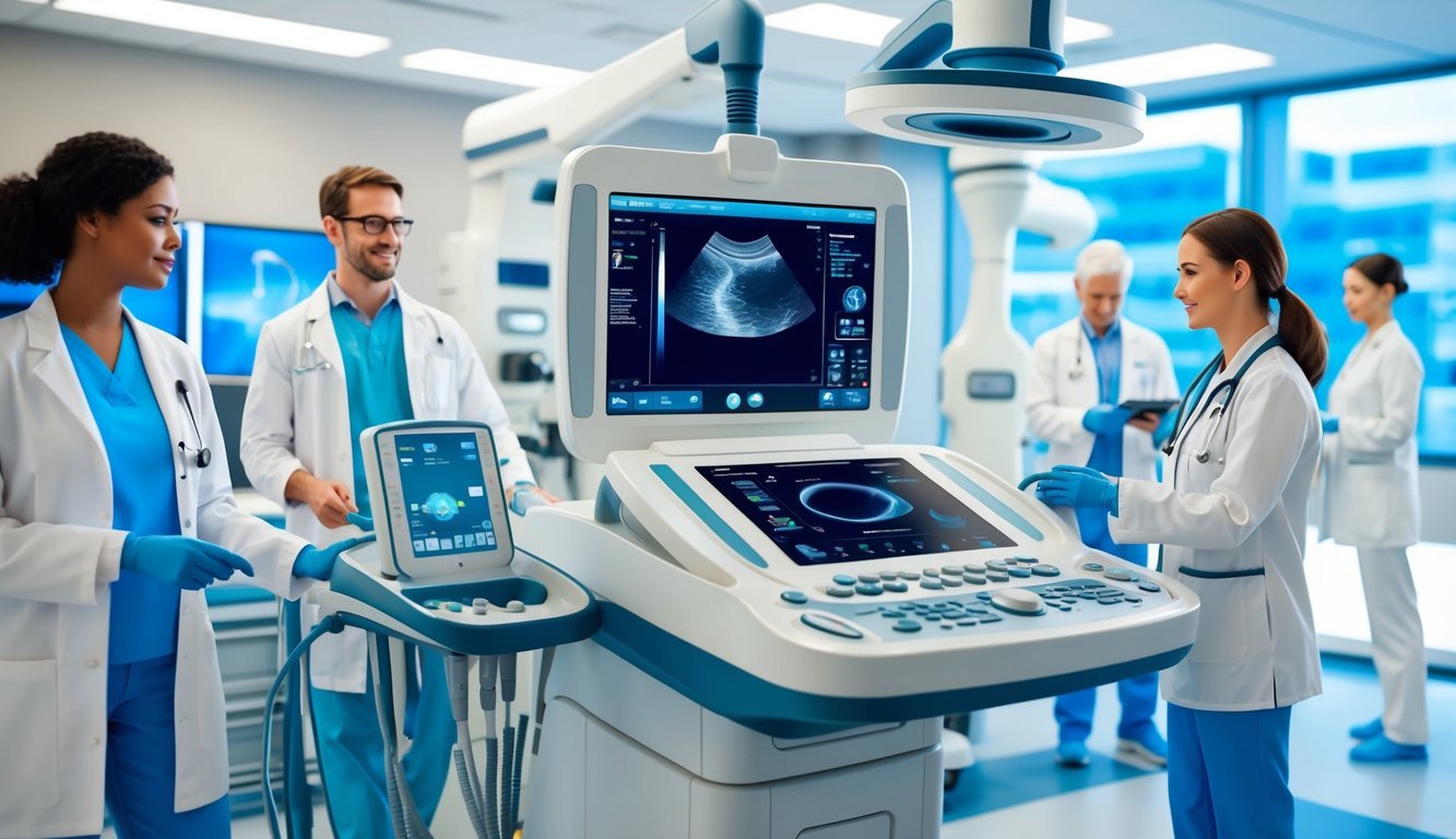 A modern ultrasound machine in a state-of-the-art medical facility, with advanced technology and equipment, surrounded by technicians and medical professionals