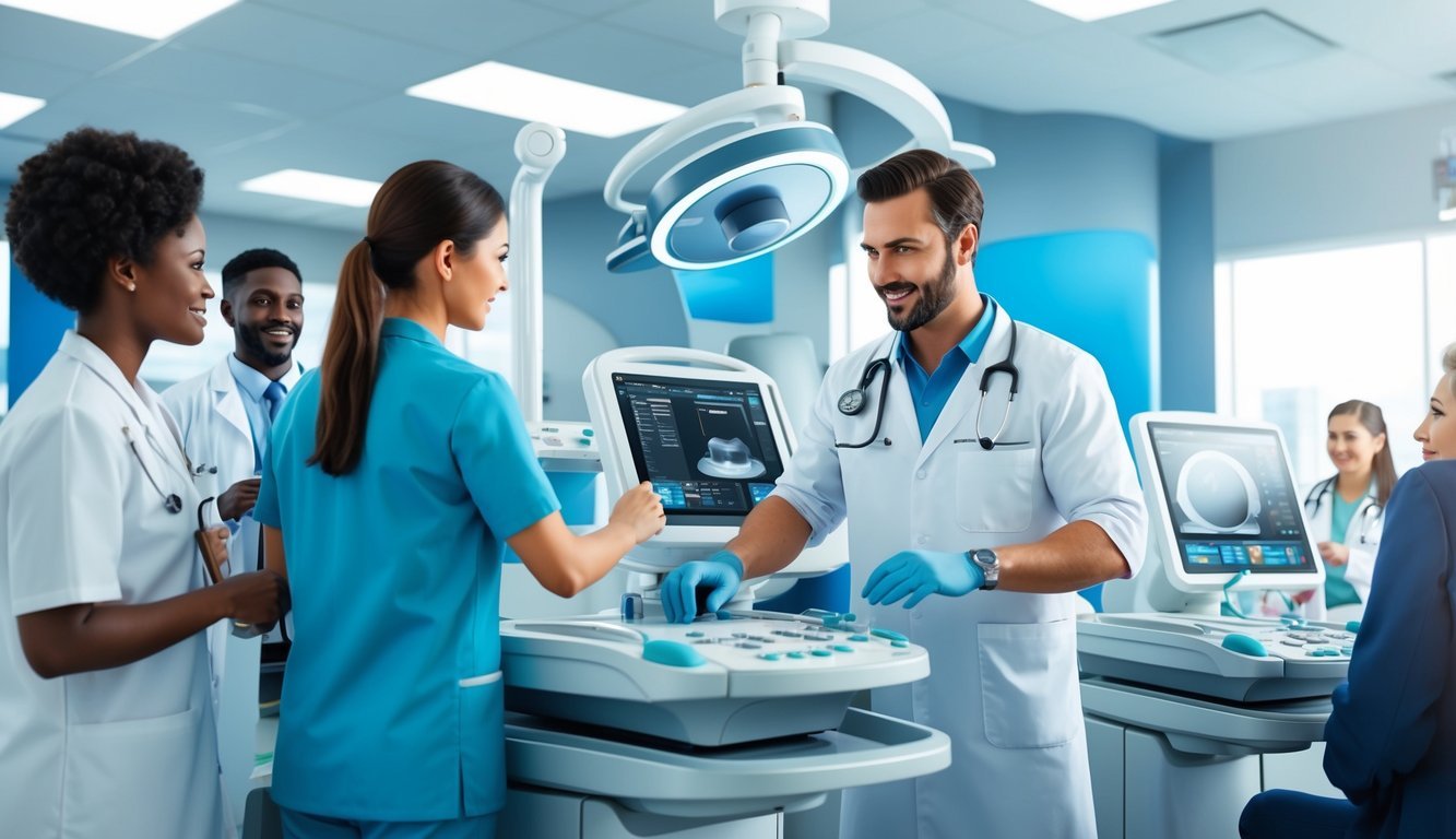 A busy ultrasound technician working in a modern medical facility, surrounded by state-of-the-art equipment and interacting with patients and colleagues