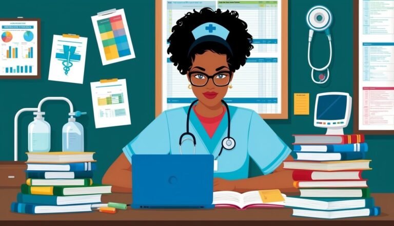 Cartoon of a Black nurse with laptop, books, and medical charts
