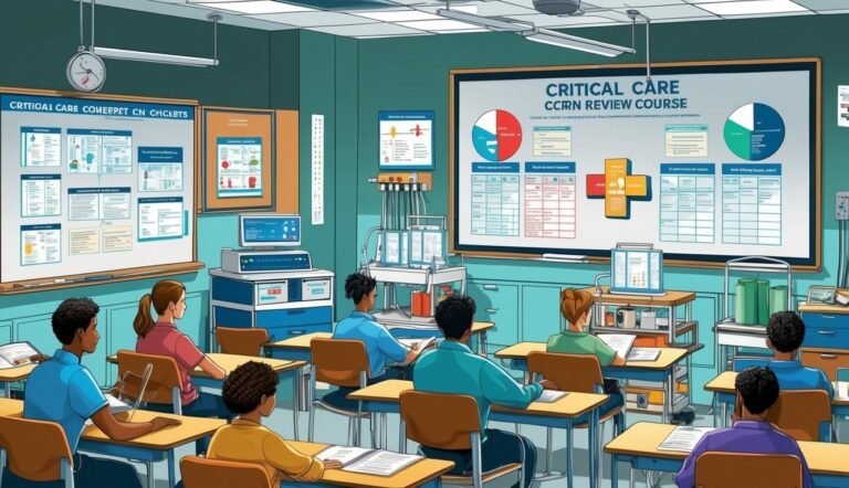 Classroom with students studying critical care, charts on the walls, and medical equipment