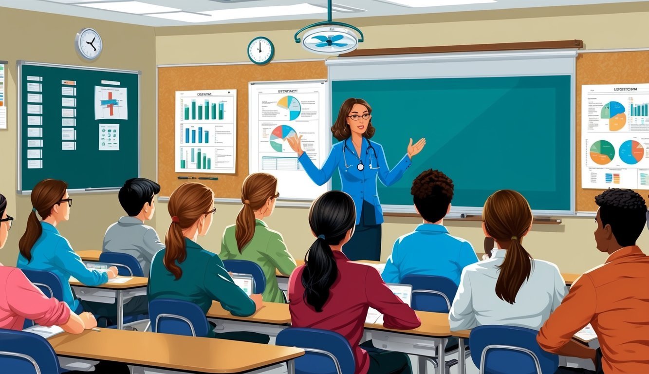 A classroom setting with medical equipment, charts, and a whiteboard.</p><p>A teacher stands at the front, instructing a group of attentive students