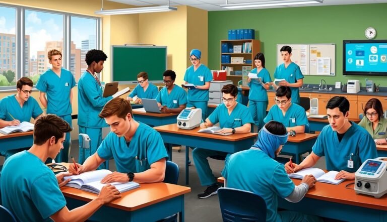 Medical students in scrubs studying in a classroom setting