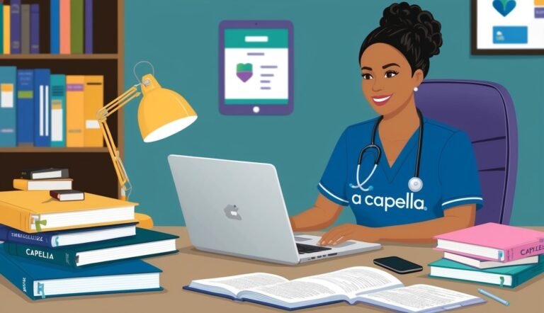 A smiling nurse at a desk with a laptop, books, and a tablet