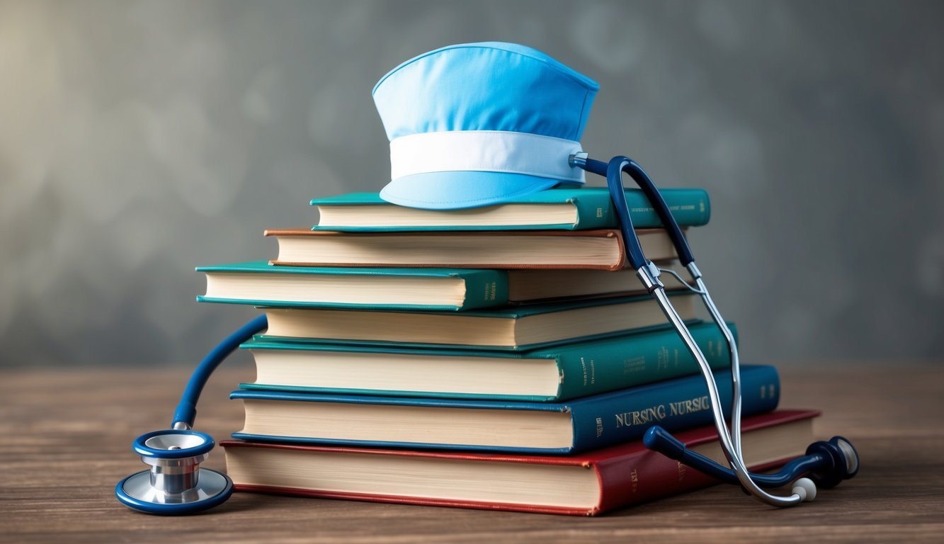 A stack of books with a nursing cap and stethoscope on top