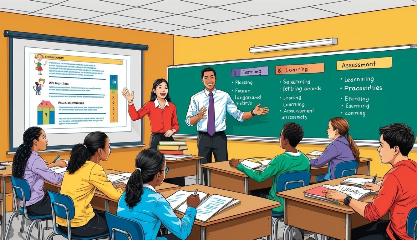 A classroom setting with a teacher presenting information and students engaging in various learning and assessment methods
