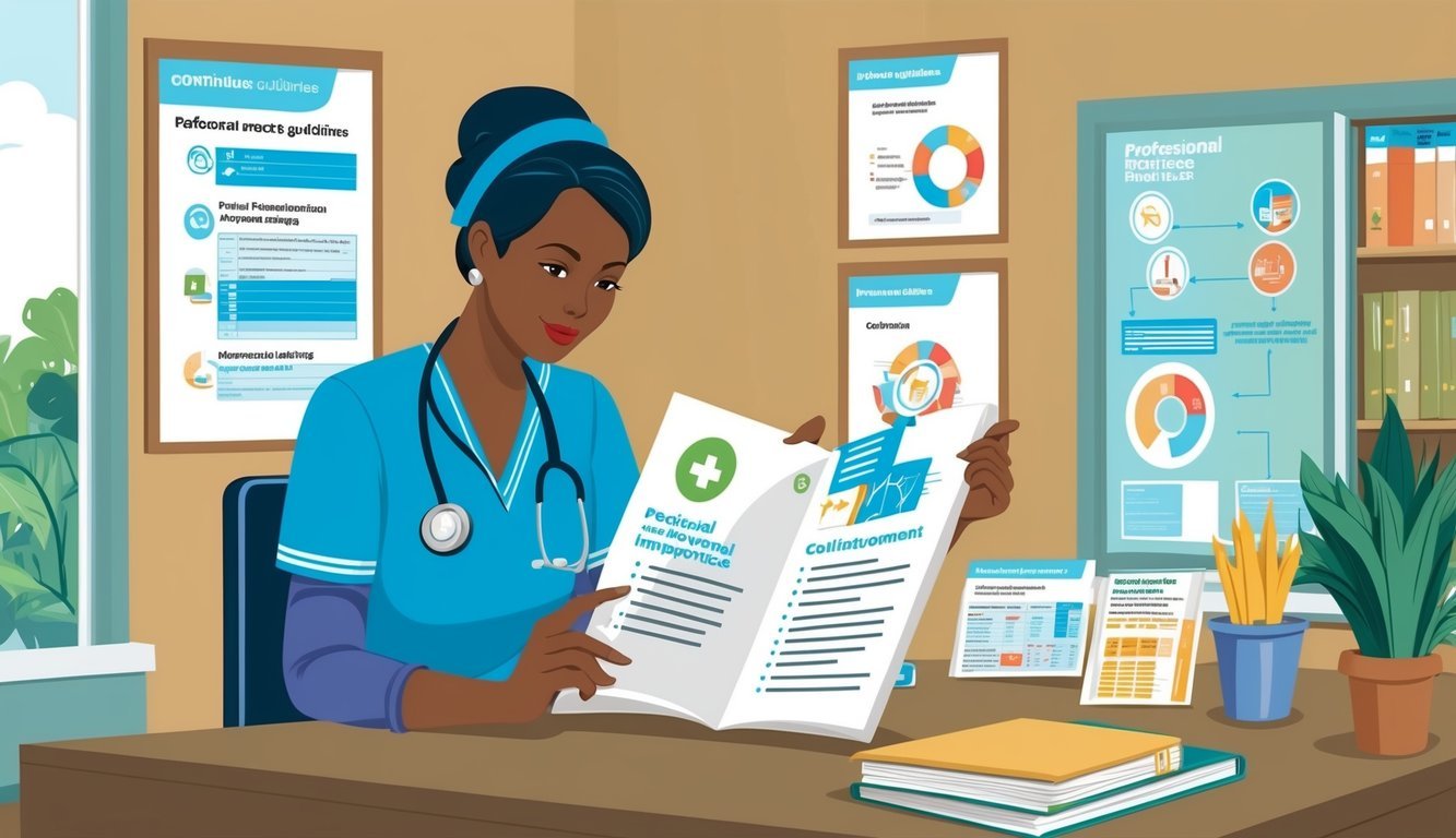 A nurse reviewing professional practice guidelines and engaging in continuous improvement activities