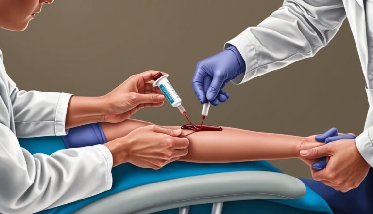 Medical professionals drawing blood from a patient's arm with syringes