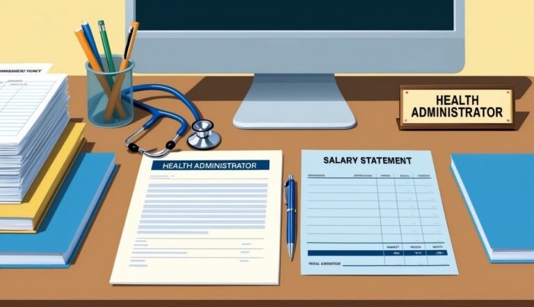 Desk with health administrator documents, stethoscope, and computer monitor
