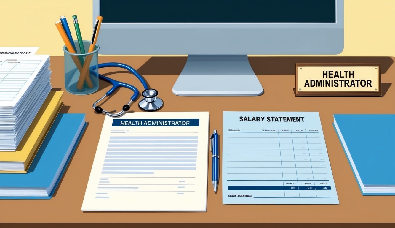 Desk with health administrator documents, stethoscope, and computer monitor