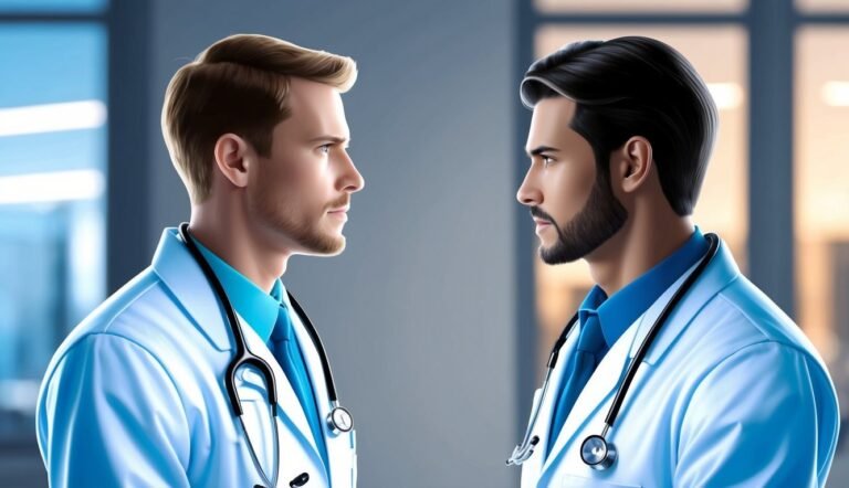 Two male doctors in white coats, facing each other, with stethoscopes