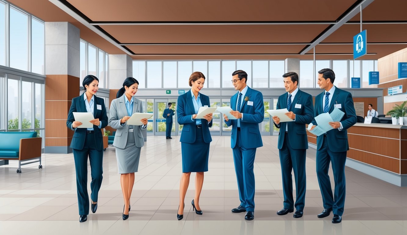 A bustling hospital lobby with professionals in business attire discussing paperwork and charts
