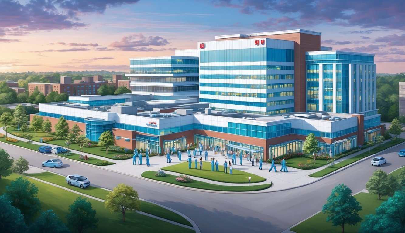 A bustling hospital with modern facilities and diverse healthcare professionals working together in a dynamic and evolving landscape of healthcare delivery