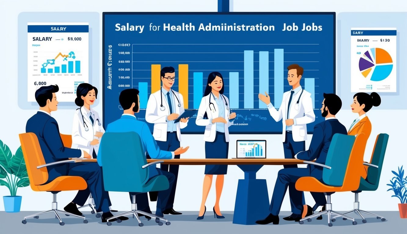 A group of professionals discussing salary for health administration jobs, with charts and graphs displayed on a large screen