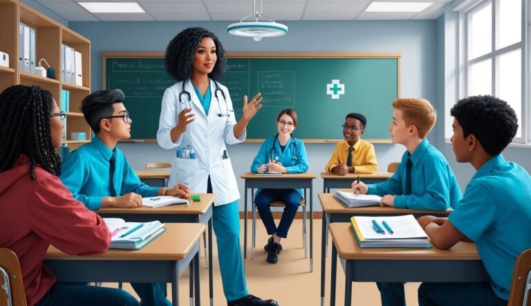 Medical professional teaching students in a classroom setting, with a chalkboard