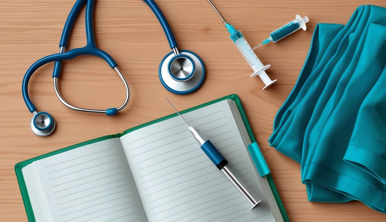 A desk with stethoscope, medical books, syringe, and scrubs
