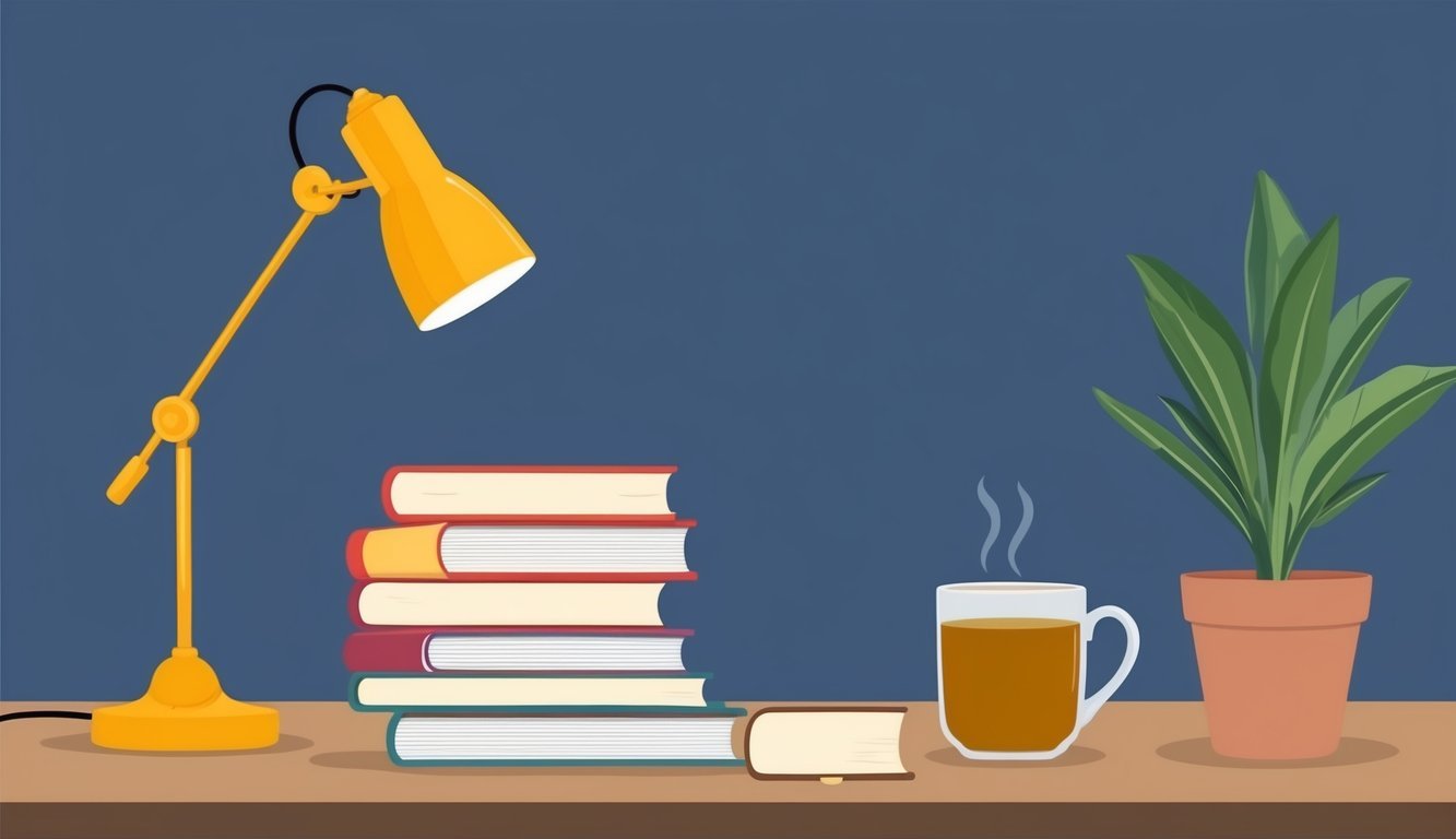 A cozy study space with a desk lamp, a stack of books, a mug of tea, and a potted plant