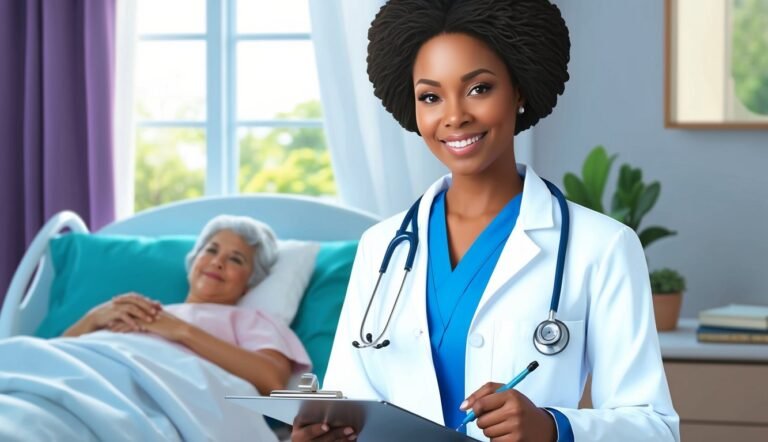 Smiling doctor with stethoscope and clipboard, patient in hospital bed