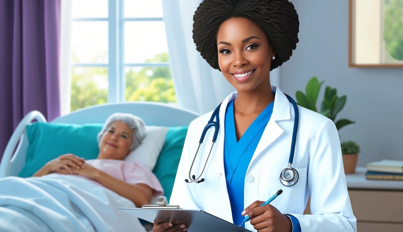 Smiling doctor with stethoscope and clipboard, patient in hospital bed
